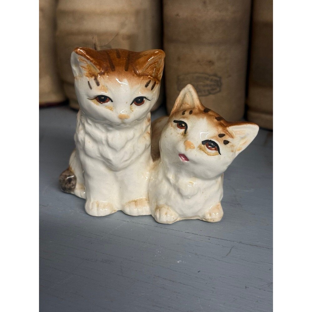 Vintage Japan Ceramic Cat Figurine Pair Orange Tabby Kittens Mid Century Decor